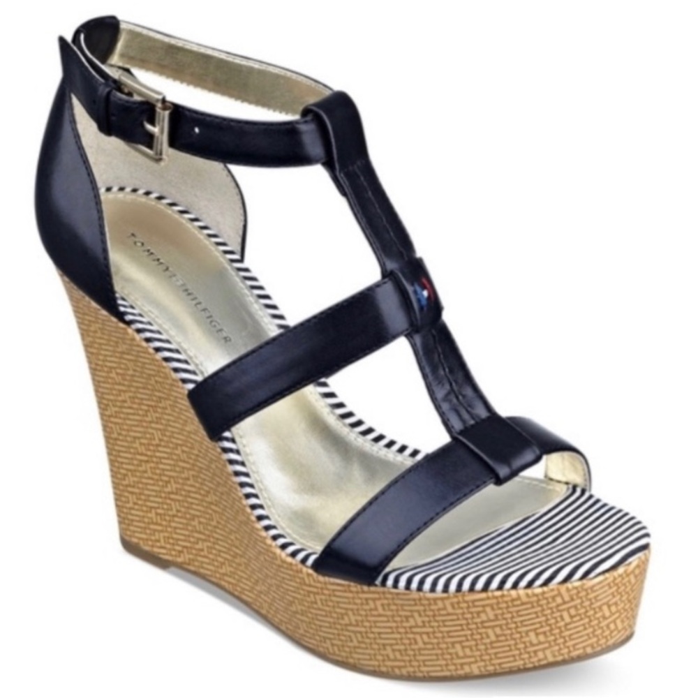 Tommy Hilfiger - Adalinay Black Leather Wedge Sandals